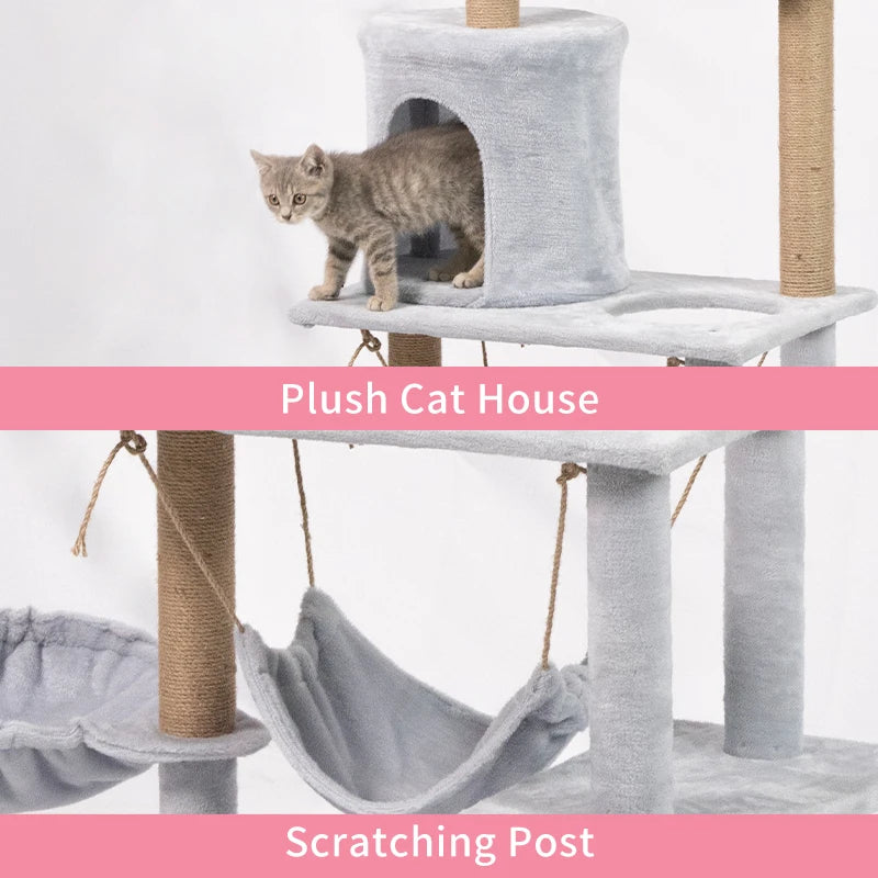 137Cm 53.94Inch Luxury Modern Plush Cat Tree Tower Climbing Pets Scratching House Posts Wooden Large Space Capsule Cat Condo
