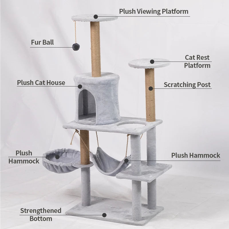 137Cm 53.94Inch Luxury Modern Plush Cat Tree Tower Climbing Pets Scratching House Posts Wooden Large Space Capsule Cat Condo