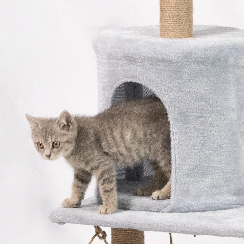 137Cm 53.94Inch Luxury Modern Plush Cat Tree Tower Climbing Pets Scratching House Posts Wooden Large Space Capsule Cat Condo
