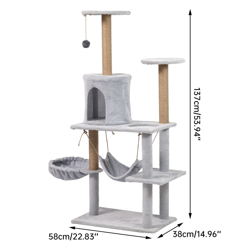 137Cm 53.94Inch Luxury Modern Plush Cat Tree Tower Climbing Pets Scratching House Posts Wooden Large Space Capsule Cat Condo