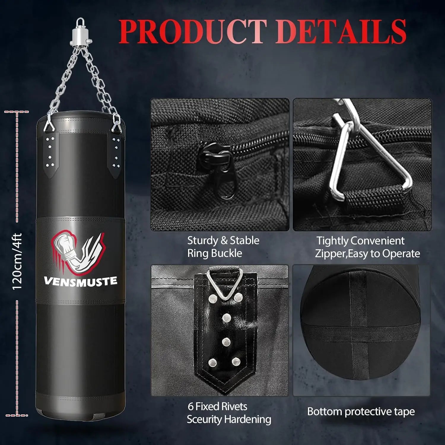 Adult Boxing Set: 4FT Oxford Heavy Punching Bag with 12OZ Gloves, Chains, and Hand Wraps